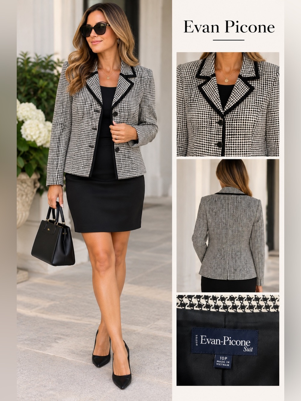 Evan Picone Black & White Houndstooth Blazer with Black Trim